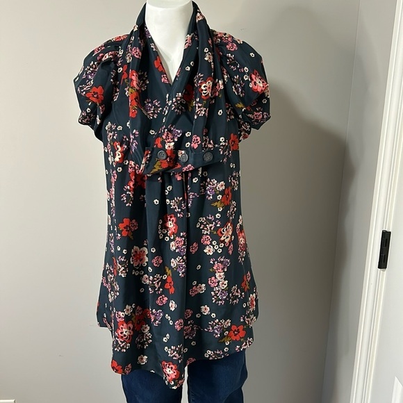 Anthropologie Odille Forest Green Floral Print Silk Cowl Neck Blouse Top Sz 8 - Picture 1 of 13